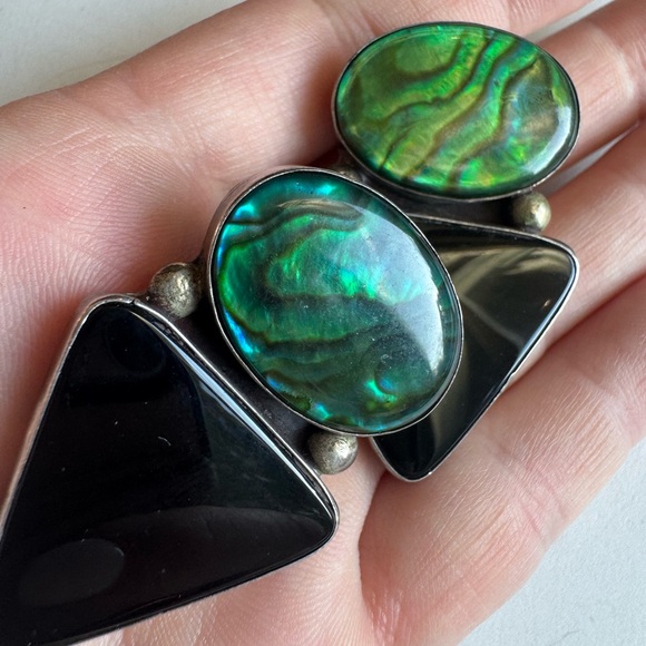 Elegant Sterling Silver Green Abalone and Black Onyx Clip Earrings 26.6g - Picture 12 of 15